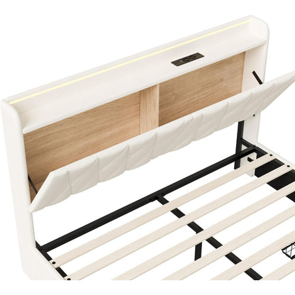 Tweepersoonsbed – Opbergbed – Boxspringbed – Slaapbank – Bedframe – Beige Gestoffeerd 160x200 cm – Met USB Oplaadfunctie en Instelbare LED-lichtstrip