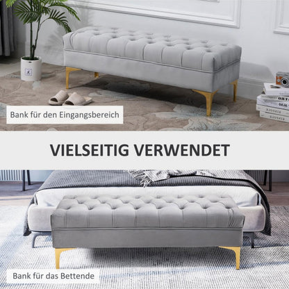 Bank – Bankje – Zitbank – Opbergbank – Eetkamerbank – Donkergrijze Stof – Gouden Houten Frame – Verhoogde Pooten – Ruimtebesparend Ontwerp