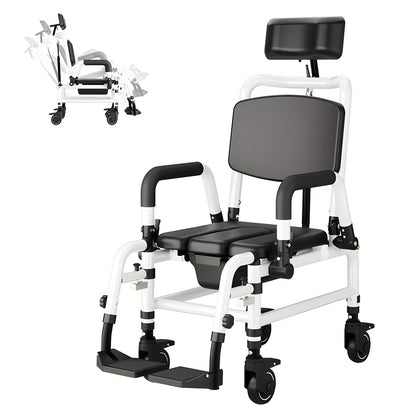 Reclining Shower Chair With Wheels, Mobile Shower Chair With Thickened Soft Seat Cushion, Backrest And Flip-up Armrests, Extra-wide Seat, 90°-140° Adjustable Tilt Bedside Commode Chair, Suitable For The Elderly And Disabled