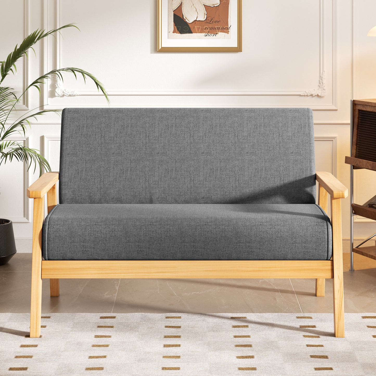 Bankstel – 2-Zitsbank – Sofa – Zitbank – Slaapbank – Linnen Bekleding – Massief Houten Frame – Comfortabel Zitten – Lichtbeige