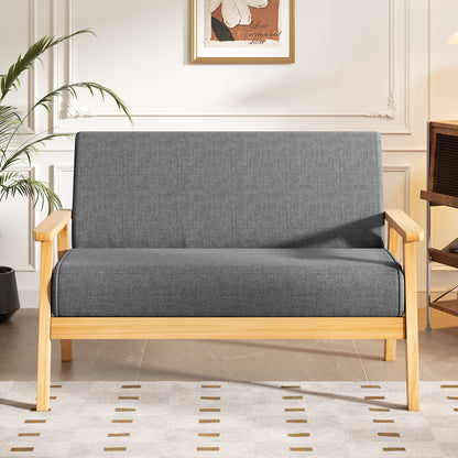 Bankstel – 2-Zitsbank – Sofa – Zitbank – Slaapbank – Linnen Bekleding – Massief Houten Frame – Comfortabel Zitten – Lichtbeige
