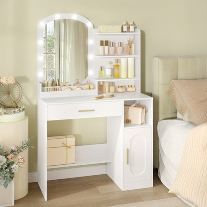 Jewelry Cabinet, Dressing Table With Oval Mirror, Dressing Table With LED Lights, Adjustable Brightness, Vanity Desk With Drawer, Cabinet And Open Compartments, Modern Bedroom Dresser, Jewelry Armoires - QUORE