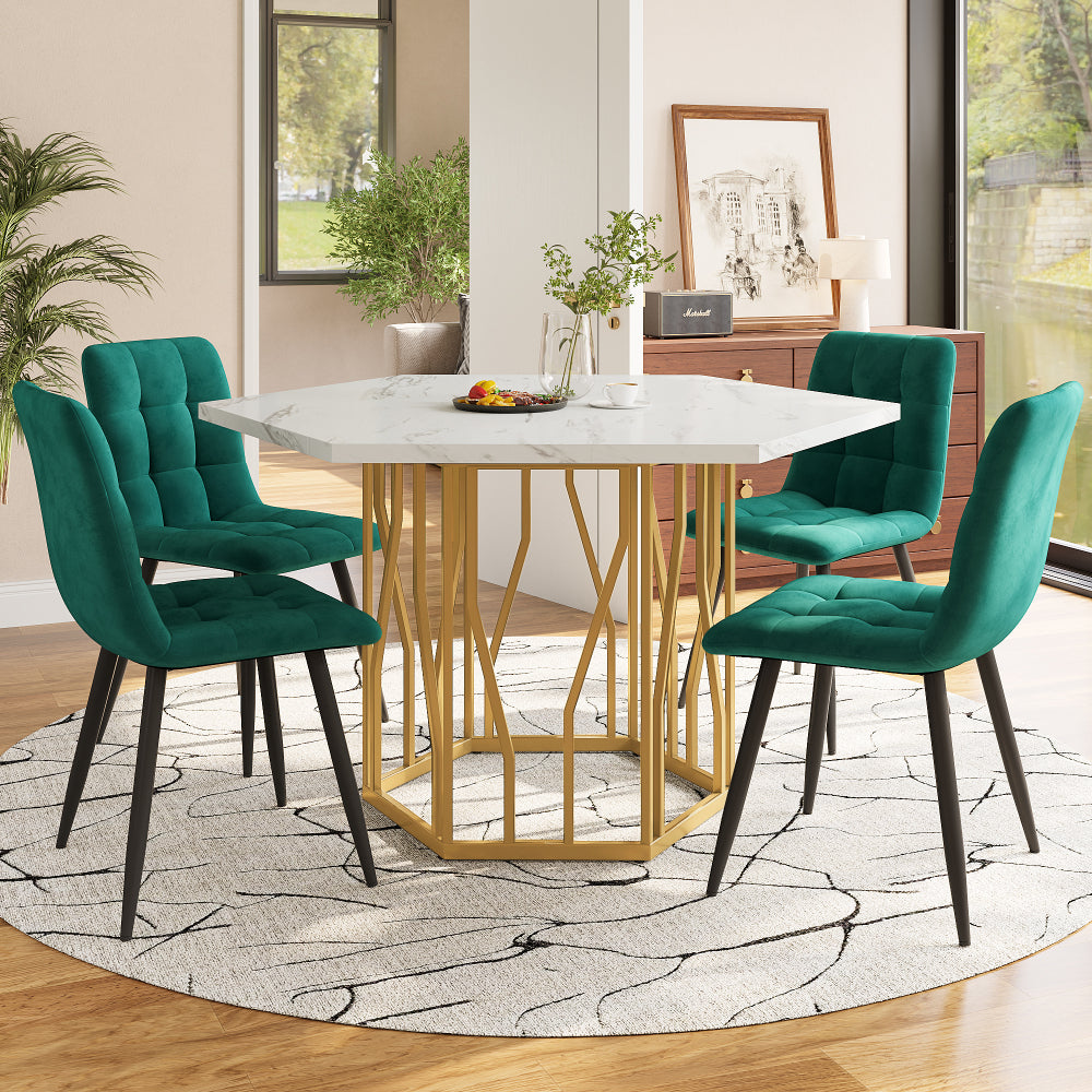 Eettafelset – Dinerset – Tafel En Stoelen – Keukentafelset – Eettafel Met Stoelen – Wit Marmeren Blad – Gouden Stalen Poten – 4 Groene Velvet Stoelen – Compact Hexagonaal Design – Duurzame MDF En Houtframe