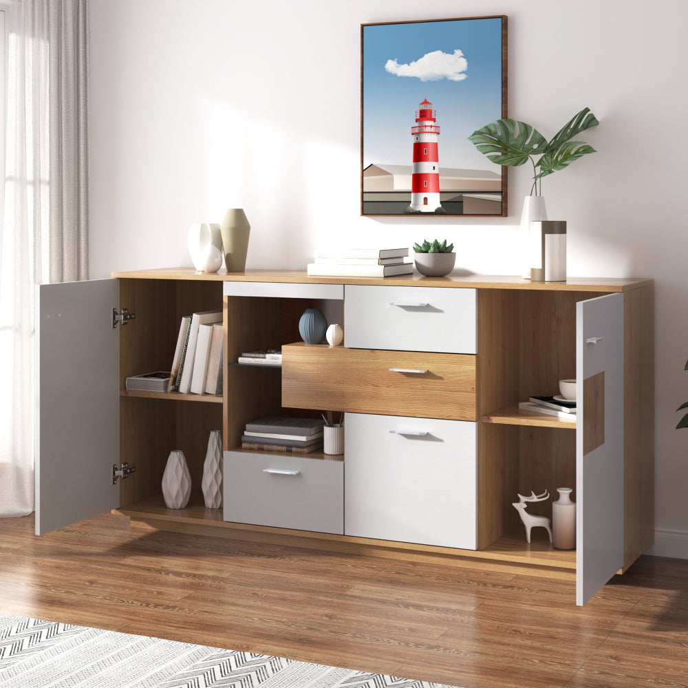 Modern White Wood-Look Foyer Storage Cabinet with 2 Doors, 4 Drawers & Glass Shelves - 160x40x77cm Multifunctional Sideboard for Living Room, Entryway, or Office - Easy Assembly, No Power Needed, Cabinet Storage, Entryway Org
