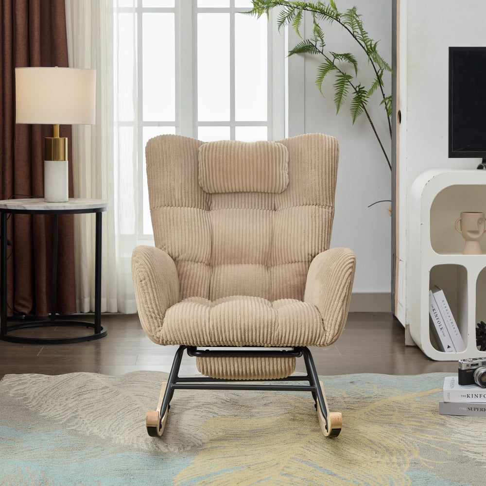 Rocking Chair with Invisible Rocker Base & Neck - Soft Upholstered High-Back Brown Armchair, - Padded Seat, Easy Assembly, Durable Metal-Free Fabric for, & Room (No Wood)
