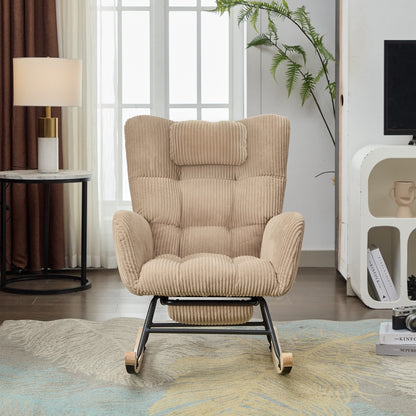 Rocking Chair with Invisible Rocker Base & Neck - Soft Upholstered High-Back Brown Armchair, - Padded Seat, Easy Assembly, Durable Metal-Free Fabric for, & Room (No Wood)