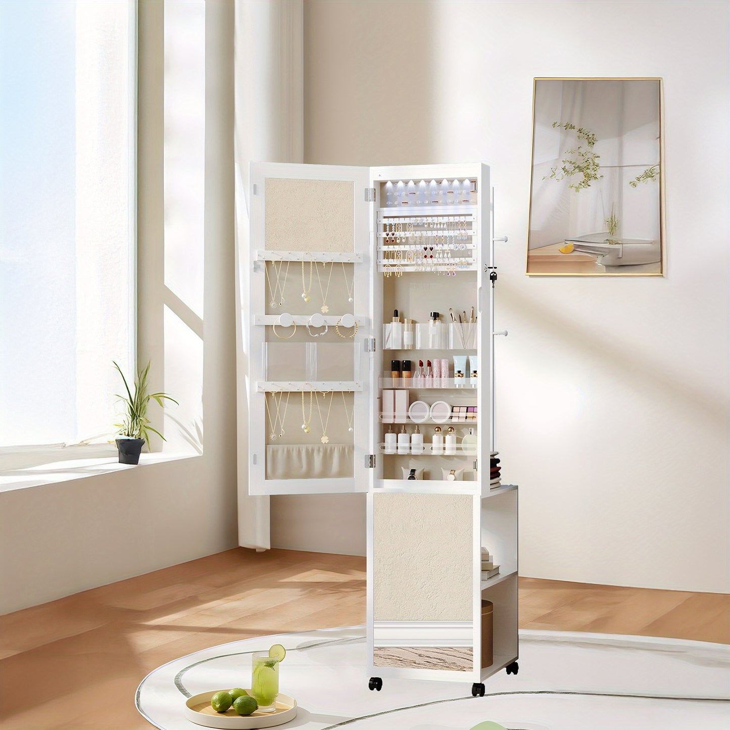 Juwelenkast – Sieradenkast – Sieraden Organizer – Spiegelkast – Staande Opberger – Witte Kast Met Beige Voering – 5-in-1 Opbergsysteem – Compact En Duurzaam