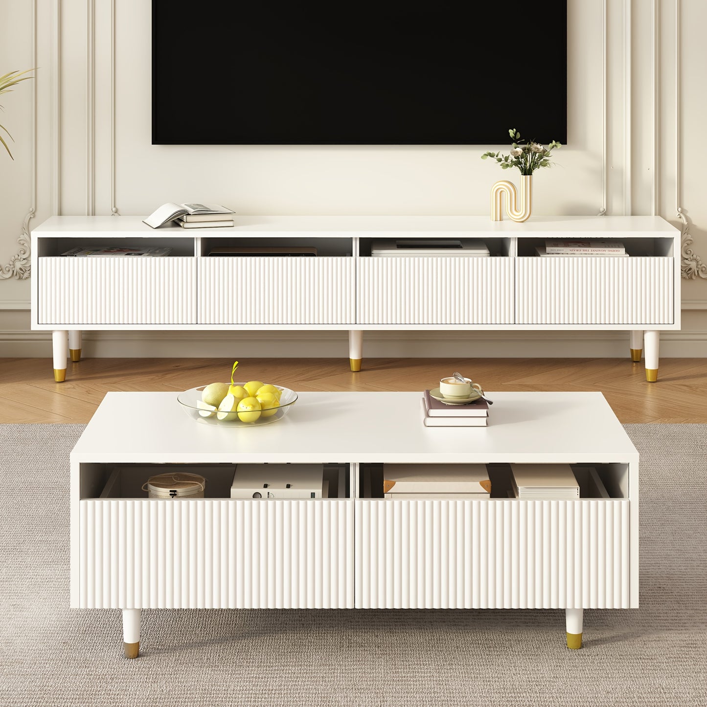 Salontafel – Koffietafel – Woonkamertafel – Tafeltje – Opbergtafel – Modern Wit – Golvend Ladeoppervlak – Ruime Opbergladen – Compact Formaat