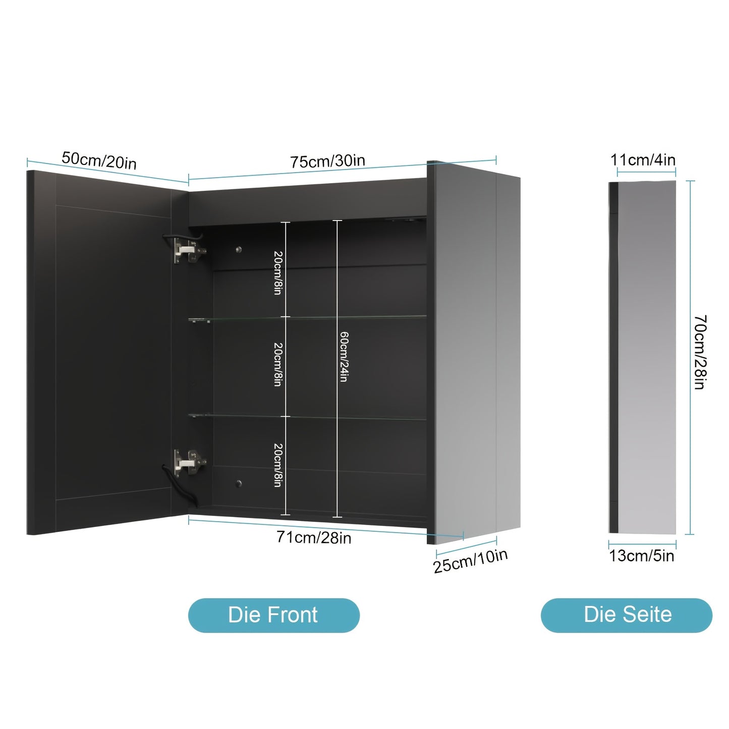 Badkamerspiegel – Spiegelkast – Wandkast – Spiegelwandkast – Opbergkast – Wit glazen oppervlak – Roestvrijstalen frame – 75x70x13 cm – Wandmontage – Geen elektriciteit nodig