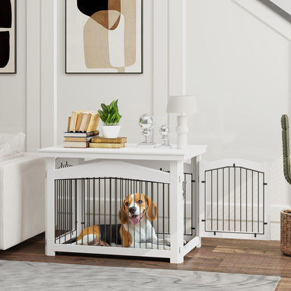Hondenbench – Hondenkooi – Hondenkennel – Hondenpark – Bijzettafel – Multifunctioneel 3-in-1 Ontwerp – MDF En Staal – Wit – 82,5x57,5x59,5 cm – Met Uitneembare Tray – Voor Middelgrote Honden