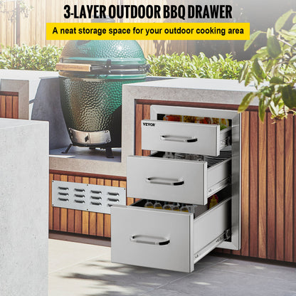 3-Laagse Lade – Keukenkastje – Opberglade – BBQ Lade – RVS Lade – Roestvrij Staal – Weerbestendig En Geruisloos – 35x58 cm