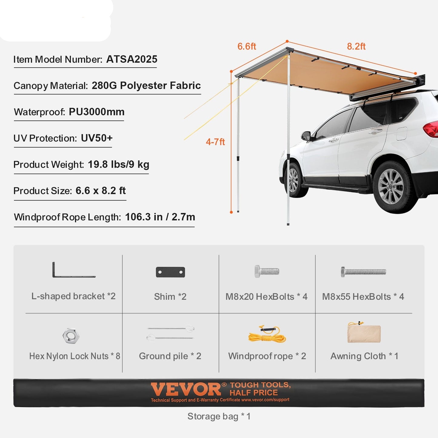 Luifel Auto – Zijluifel – Zonnescherm – Kampeertent – Autoluifel – Groot 2x2,5m – Waterbestendig PU3000mm – UV-bescherming