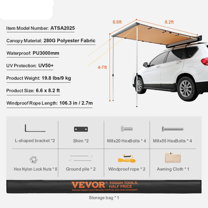 Luifel Auto – Zijluifel – Zonnescherm – Kampeertent – Autoluifel – Groot 2x2,5m – Waterbestendig PU3000mm – UV-bescherming
