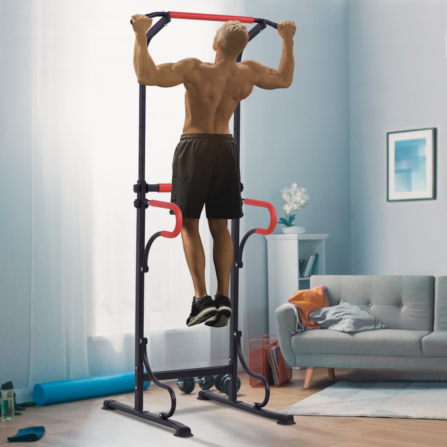 Pull-up Rek – Optrekstang – Fitnessstation – Krachtstation – Home Gym – Verstelbare Hoogte 171-219 cm – Robuust Stalen Frame Zwart/Rood