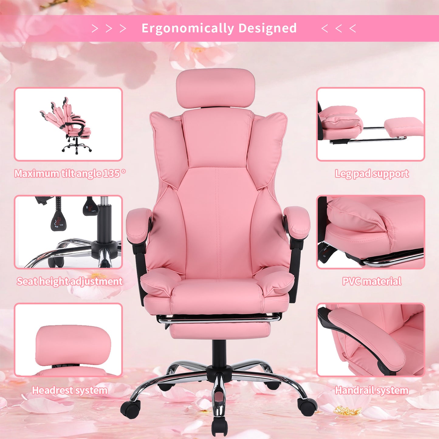 Gamingstoel – Gamestoel – Gaming Chair – Bureaustoel – Game Stoel – Verstelbaar – PU Leren Bekleding – Ergonomisch Comfort – Roze