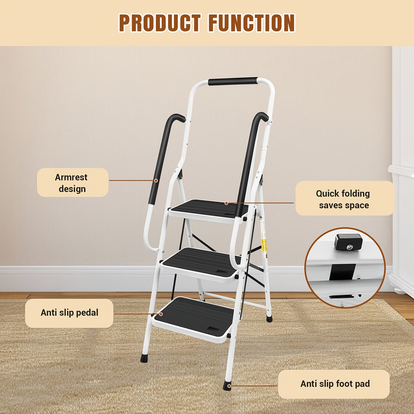 3-Traps Ladder – Opvouwbare Ladder – Steigertrap – Trapladder – Opstapladder – Veiligheidshandgreep – Antislip Voeten – Stalen Constructie – Max. Draaggewicht 150 kg