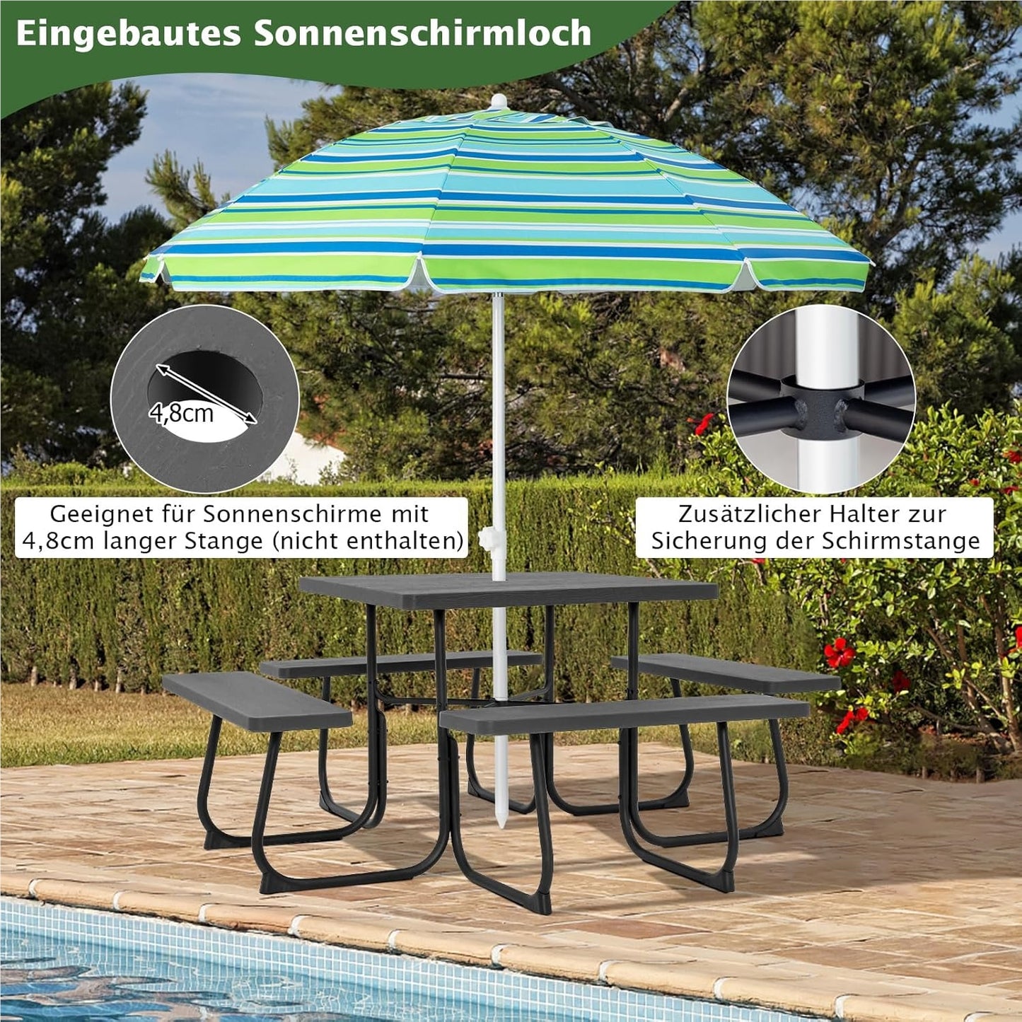 Picknicktafel – Tuinset – Buitenmeubel – Zitzet – Balkontafel – Zwarte Vierkante Tafel 170x170 cm – HDPE Kunststof & Parasolhouder