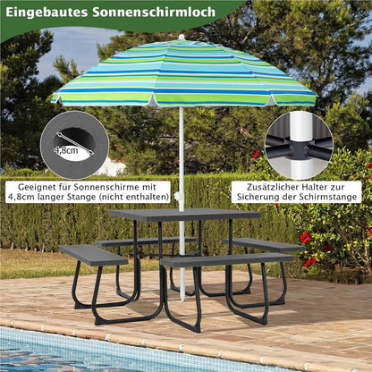 Picknicktafel – Tuinset – Buitenmeubel – Zitzet – Balkontafel – Zwarte Vierkante Tafel 170x170 cm – HDPE Kunststof & Parasolhouder