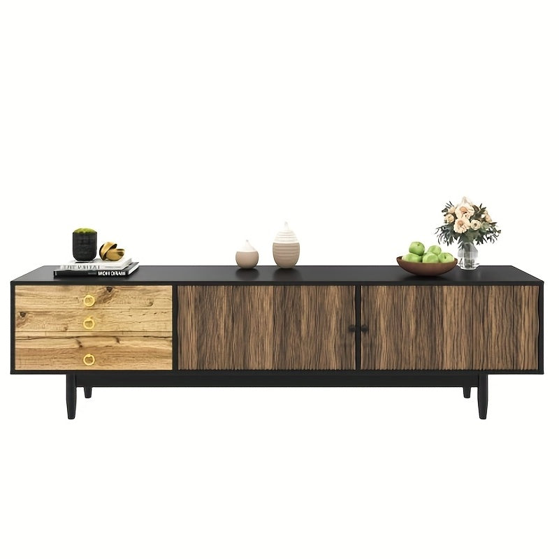 Modern TV Stand with Water Ripple Door Panels & 3-Drawer Storage - Low Profile Media Console, Wood-Free Assembly (Compatible with Wood Finishes), Space-Saving for Small Apartments, Black Furniture Cabinet for