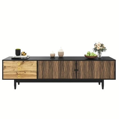 Modern TV Stand with Water Ripple Door Panels & 3-Drawer Storage - Low Profile Media Console, Wood-Free Assembly (Compatible with Wood Finishes), Space-Saving for Small Apartments, Black Furniture Cabinet for