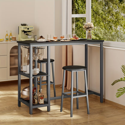 Barset – Bartafelset – Barkrukken – Bartafel – Barmeubel – Zwart & Rustiek Bruin – Compact Ontwerp – Inclusief Wijnrek & Opbergruimte