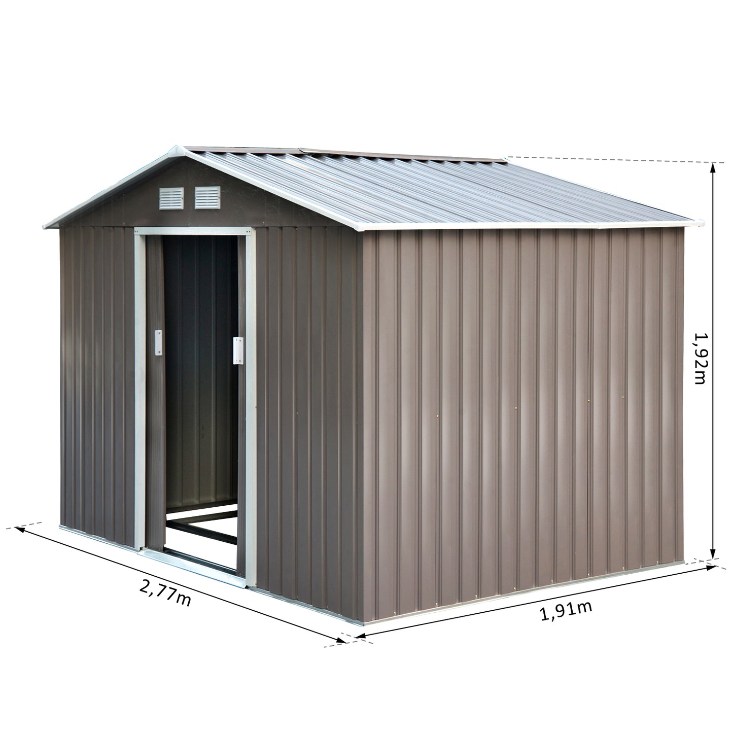 Outsunny Garden Shed 4.9m, Garden Cabin, Garden Storage, Dimensions 2.77L x 1.95W x 1.92H m, Sliding Door, Ventilation, Steel Sheet, Gray