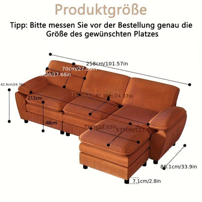 2-zits Hoekbank – Slaapbank – Hoekbank Met Slaapfunctie – Bank Met Voetenbank – Slaapbank Voor Kleine Ruimtes – Compact Ontwerp – Comfortabele Katoenen Kussens – Oranje