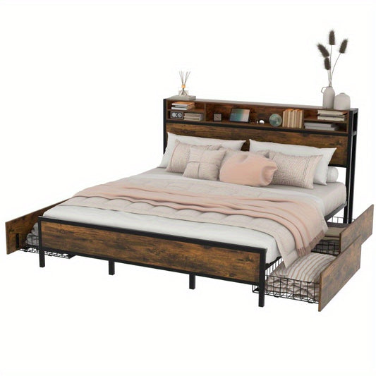 Extra Lang Queensize Bedframe – Bedframe Met Opberglades – Stalen Bedframe – Platformbed – Met Hoofdbord – Stevig Metalen Frame – Extra Ruimte En Comfort