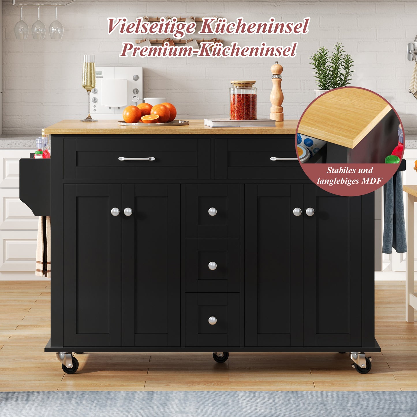 Keukenwagen – Servierwagen – Werktafel – Kantoorwagen – Opbergwagen – Uitklapbaar Werkblad 120×65 cm – 5 Lades & 2 Kasten