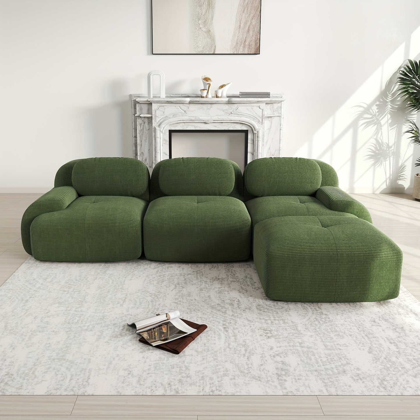 No Assembly Required Modular Sectional Sofa - Ergonomic Corduroy L-Shaped Couch with Pet-Friendly High-Stretch Green Fabric, Wide Armrests & Plush Cushions for & Bedroom, Easy-Clean Classic Design (No Wood Components)
