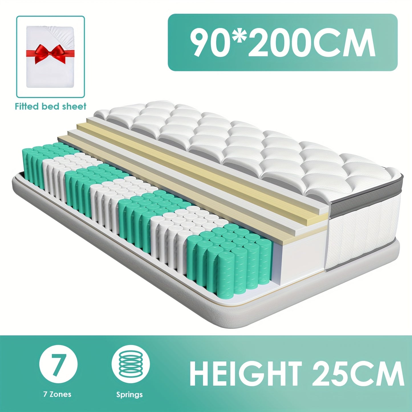 Authmic Pocket Spring Mattress 90x200/140x200/160x200/180x200 Cm | Medium Firmness H3, 7-Zone, High-Quality Comfort Foam, Rolled Design