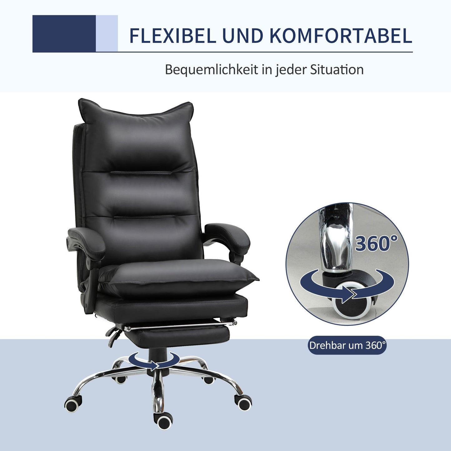 Bureaustoel – Kantoorstoel – Draaistoel – Gamestoel – Ergonomische Stoel – Verstelbare Zithoogte – Kunstleren Bekleding – Met Voetensteun – Zwart – 66 x 72 x 122-130 cm