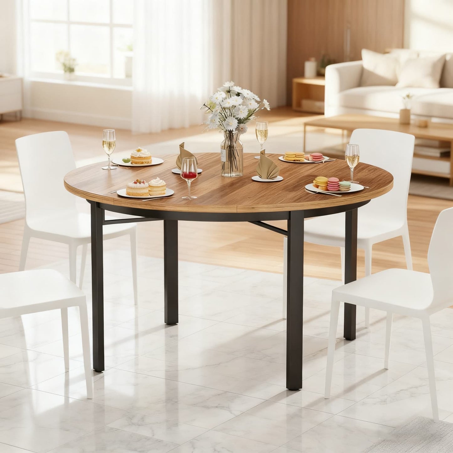 Ronde Eettafel – Eetkamertafel – Keukentafel – Tafel Rond – Ontbijttafel – 118,5 cm – Krastbestendig MDF Blad Met Metalen Poten