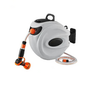 Tuinslang met haspel - met 9-patroon spuitmond - tuinslanghouder - intrekbare slang - Draaibare wandbeugel - slangenbox - 82ft - Grijs - QUORE