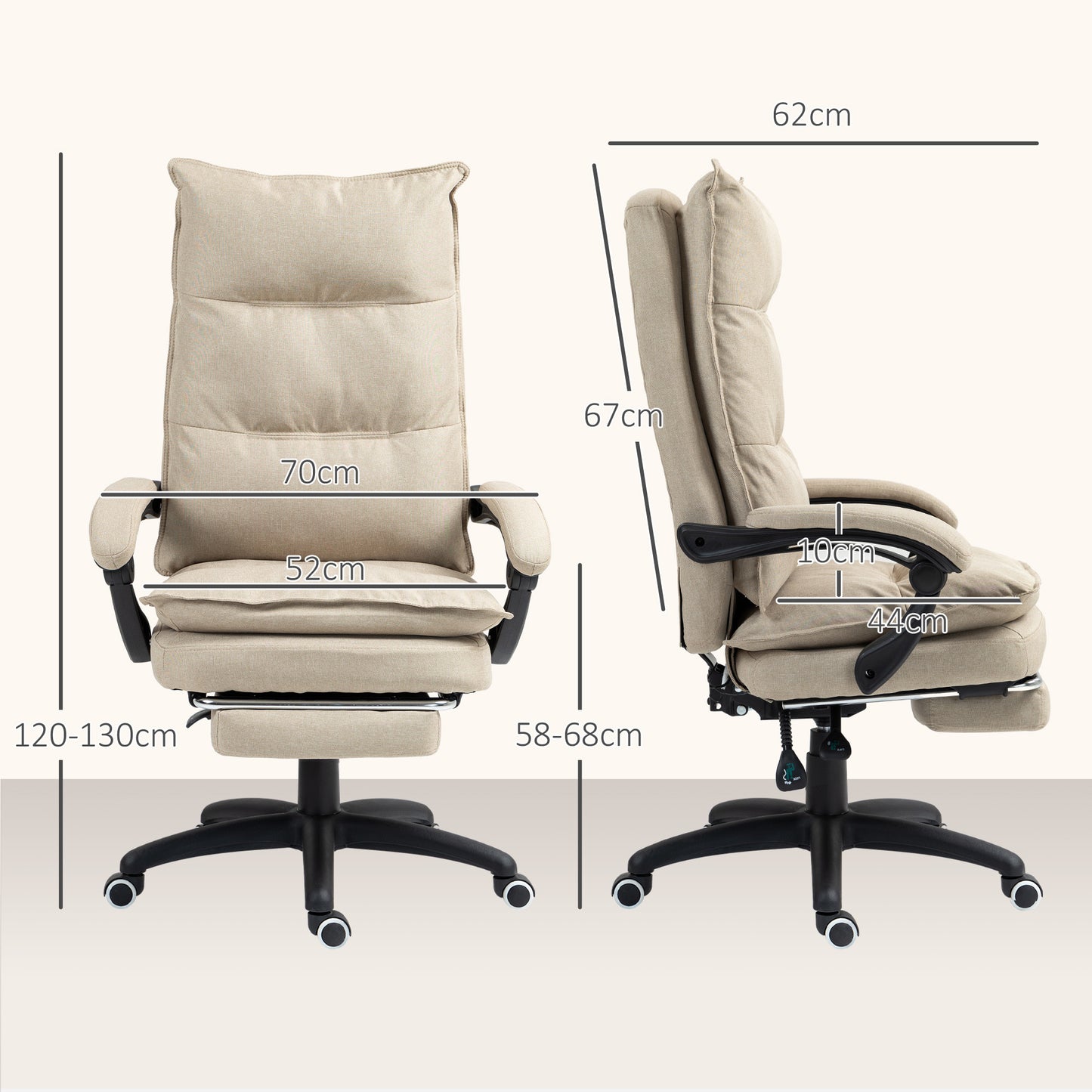 Massagestoel voor Kantoor – Bureaustoel – Ergonomische Stoel – Werkstoel – Draaistoel – Verstelbare Hoogte – 6-Punts Massage en Ingebouwde Voetensteun – Beige Linnen Bekleding