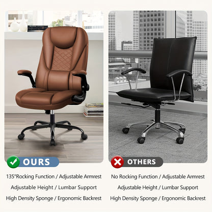Bureaustoel – Office Chair – Executive Stoel – Werkstoel – Draaistoel – Ergonomische Hoge Rugleuning – Flip-Up Armleuningen – Kunstleren Bekleding – Verstelbare Kantelfunctie – Stevig Metalen Onderstel