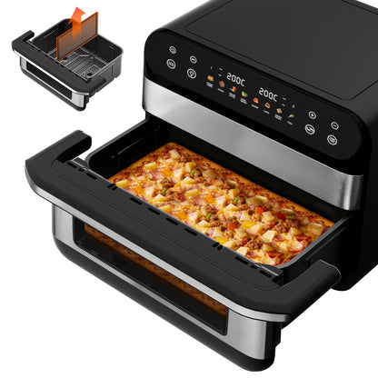 Authmic 10L Hot Air Fryer with Dual Zone/Single Chamber - 9-in-1 Multifunction Touchscreen Smart Fryer with Oil-Free, 2400W Rapid Cooking Function, Non-Stick Coated Basket & Viewing Window, 8 Preset Programs, for Family Cooki
