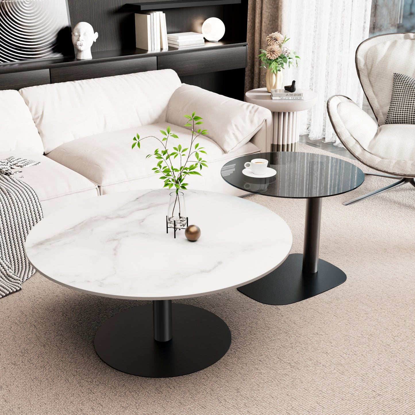 Ronde Salontafel Set – Bijzettafel – Nestbare Tafels – Koffietafel – Woonkamer Tafel – Wit Sintered Stone & Grijs Glas – Zwart Metalen Frame – Krasbestendig & Compact