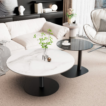 Ronde Salontafel Set – Bijzettafel – Nestbare Tafels – Koffietafel – Woonkamer Tafel – Wit Sintered Stone & Grijs Glas – Zwart Metalen Frame – Krasbestendig & Compact
