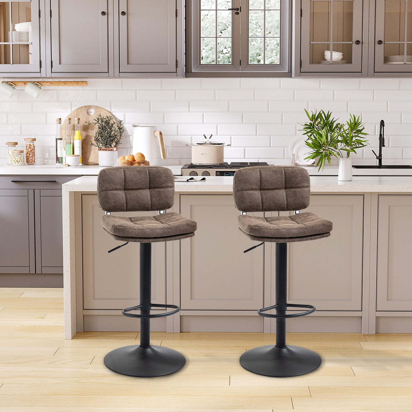 Barkrukken Set – Keukenstoelen – Barstoelen – Draaiende Krukken – Verstelbare Barkrukken – Vintage Bruin Kunstleer – 360° Draaibaar – Verstelbare Zithoogte