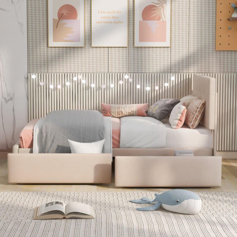 Bedbank – Slaapbank – Logeerbed – Eenpersoonsbed – Bedframe – Licht Beige Fluwelen Bekleding – Inclusief Lattenbodem en 2 Opberglades