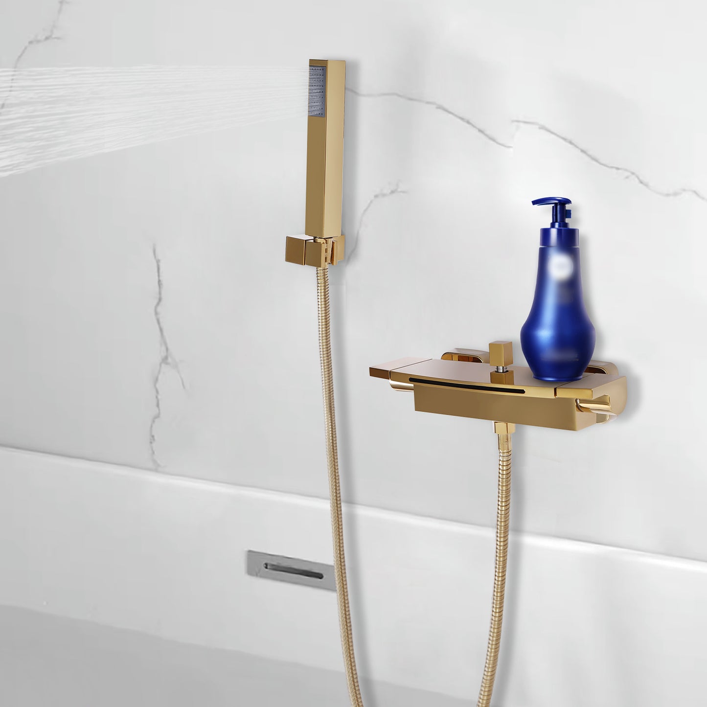 Badkraan – Douchekraan – Badmengkraan – Handdouchekraan – Thermostaatkraan – Muurmontage – Messing Goudkleurig – Met Watervaluitloop