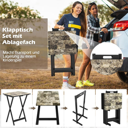 Vouwtafels – Opvouwbare Tafels – Opklapbare Bijzettafels – Bistrotafels – Tuin- en Balkon Tafels – Rubberhout Frame – Waterbestendige Marmerlook Werkblad – Set Van 4 – Draagbaar Met Handvat