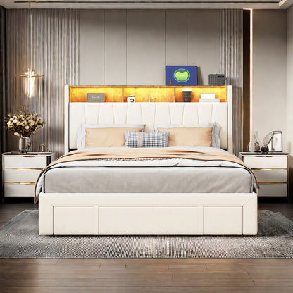 Fluwelen Bed 160x200 – Tweepersoonsbed – Slaapbank – Opbergbed – Led Bed – Met 4 Metalen Lades – Ingebouwde Usb Poorten – Verstelbaar Hoofdeinde