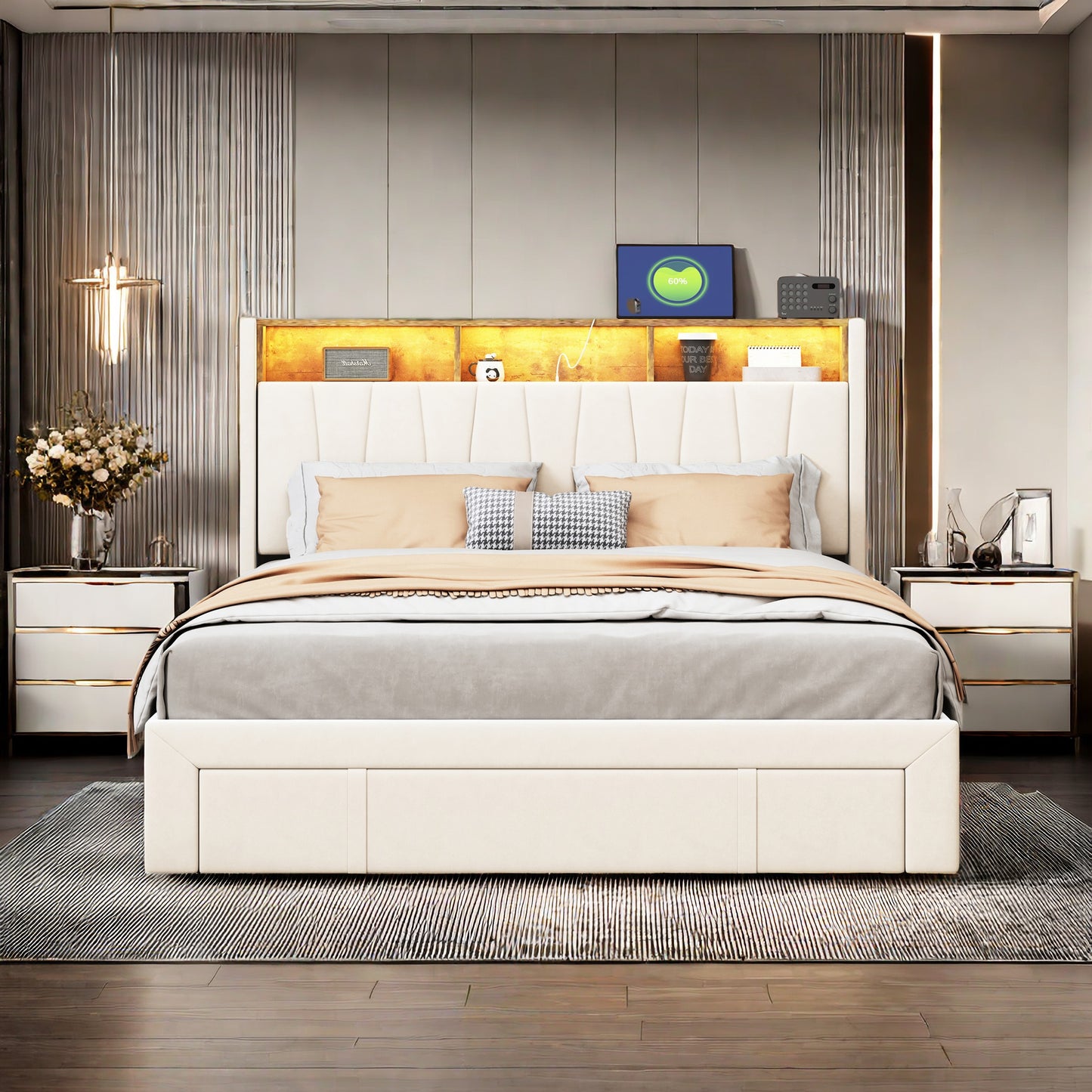 Tweepersoonsbed – Dubbelbed – Queensize Bed – Slaapbank – Bedframe – Fluwelen Bedframe – 160x200 cm – LED Verlichting en USB Poort – 4 Opbergladen