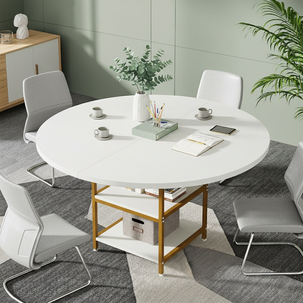 Bureau – Bureautafel – Computertafel – Werkplek – Office Desk – Wit met Gouden Accenten – Rond 120 cm – 2-laags Opbergruimte
