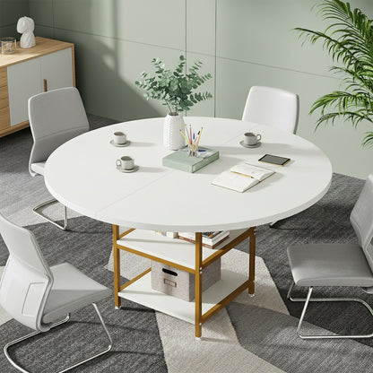 Bureau – Bureautafel – Computertafel – Werkplek – Office Desk – Wit met Gouden Accenten – Rond 120 cm – 2-laags Opbergruimte