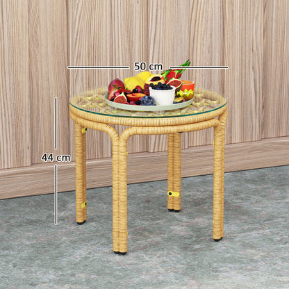 Bijzettafel – Bijzettafeltje – Nachtkastje – Salontafel – Side Table – Ronde Polyrattan Tafel – Veiligheidsglas – 50 cm Ø – Geel