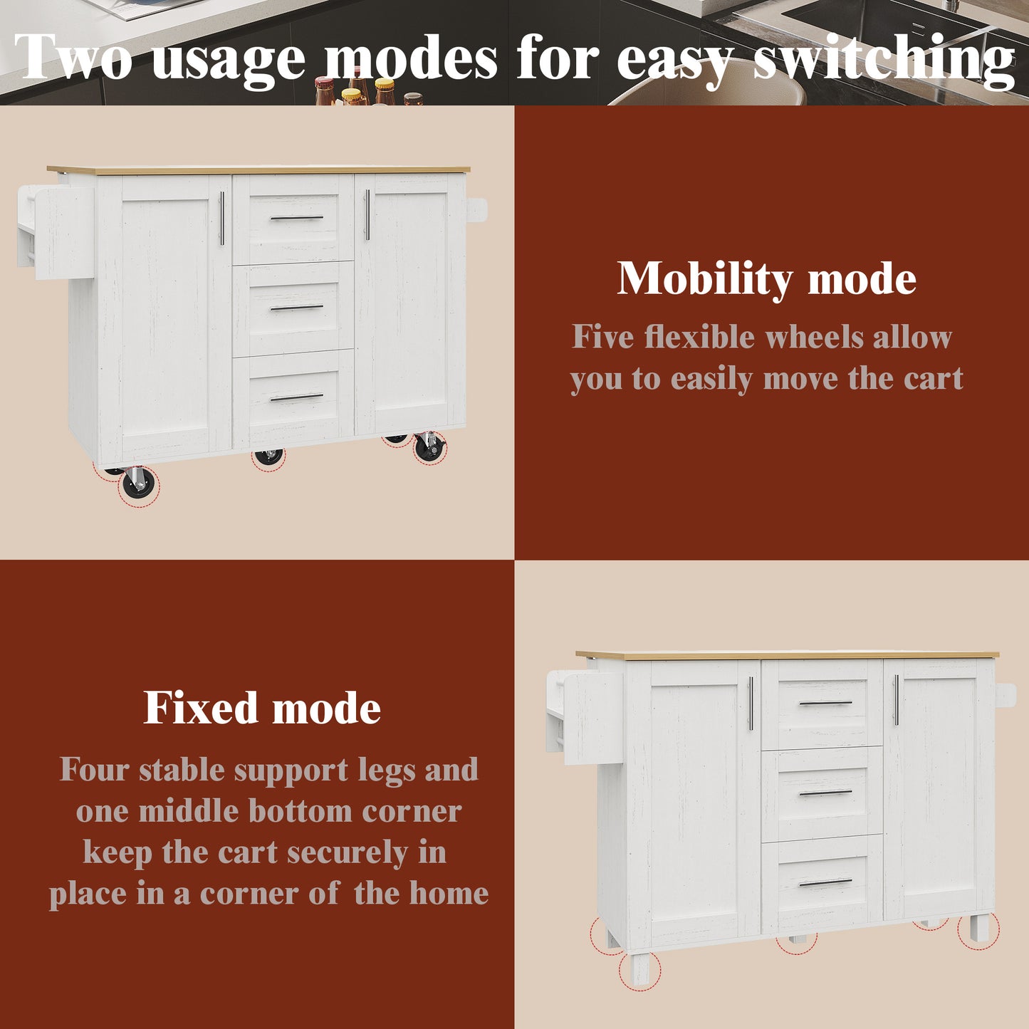 Keukenwagen – Keukentrolley – Keukenkar – Keukenmeubel – Keukenkast – Klapbare Zijpanelen – Houtlook Werkblad Met Wieltjes