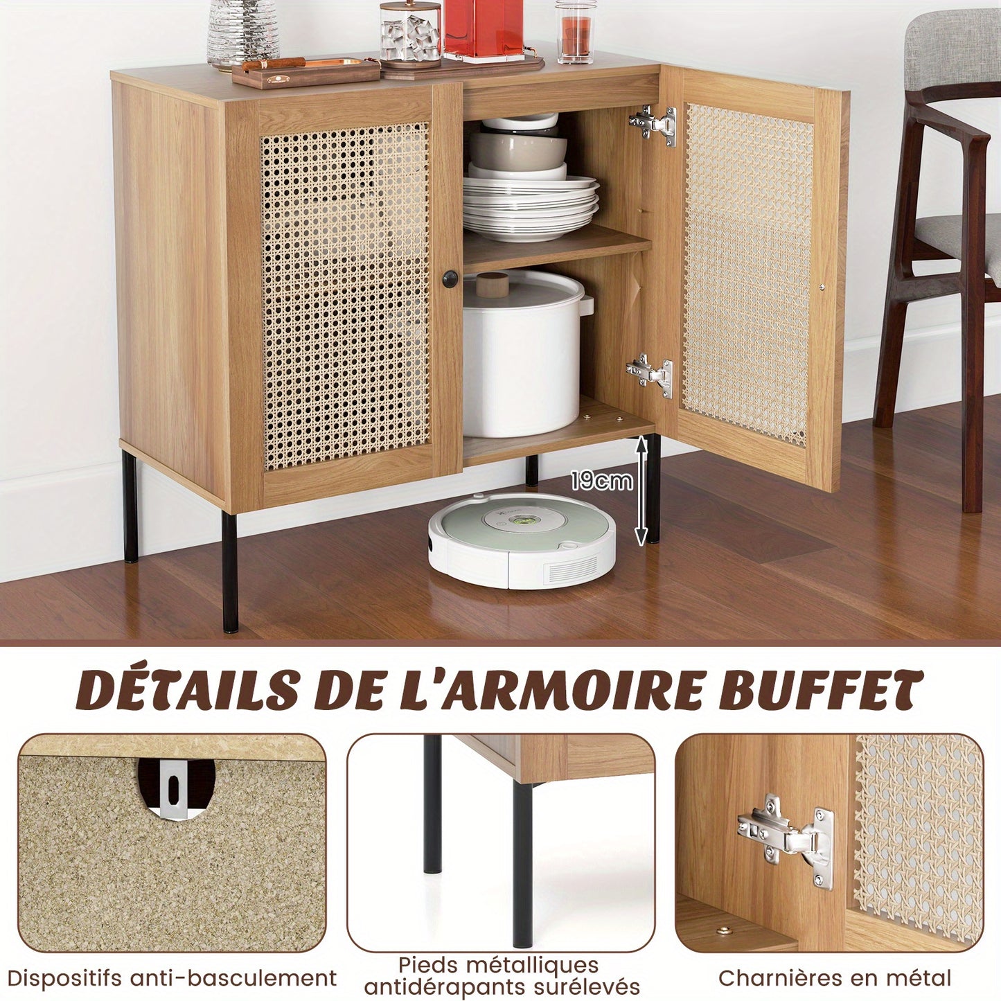 Dressoirkast Industrieel – Sideboard – Kast – Opbergkast – Buffetkast – Rattan Deuren – Verstelbare Plank – 80x40x80 cm – Met Metaal, PVC Rattan en MDF Eikenlook